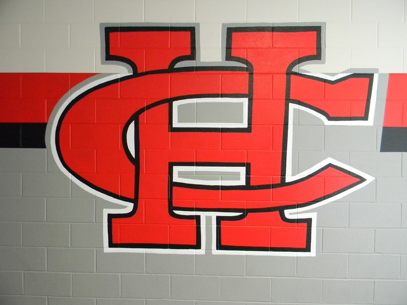 Client: 9th Grade Center Athletic Wing/Hall , CHISD, Cedar Hill, TX
Size: 2 Large CH Logos, Approx. 6 ftH x 9 feet W 
Scope: Part of a district beautification campaign for the district. The Athletic depart. sponsored payment of the semi-full district project.