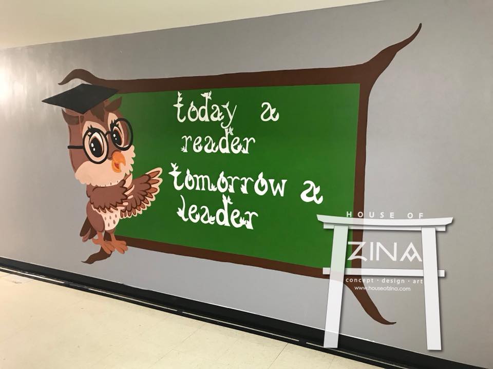 Client & Location: Inspired Vision Elementary Charter School, Dallas, TX
Size: Approx. 12 feet W X 5  Ft. H
Scope: A charter school located in Dallas, TX wanted to add artwork to key areas on the campus for the students and staff to enjoy. This one is located in a hallway.