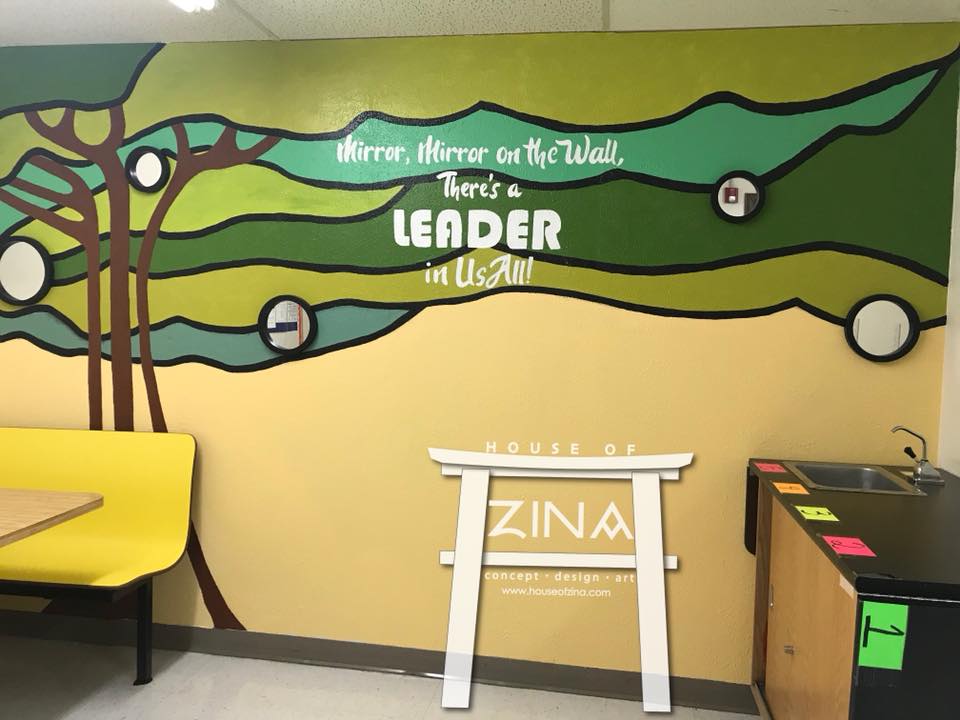 Client & Location: Inspired Vision Elementary Charter School, Dallas, TX
Size: Approx. 12 feet W X 5  Ft. H
Scope: A charter school located in Dallas, TX wanted to add artwork to key areas on the campus for the students and staff to enjoy. This one is located in the teacher's lounge.