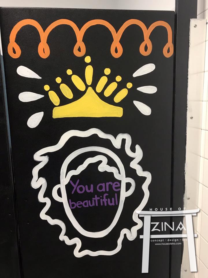 Client & Location: Kipp Truth Uplift Elementary & Academy, Dallas, TX
Size: 2ft H X 1 Ft W
Scope: This school wanted to create inspirational and motivational messages  for its students. They decided to join the trend of schools decorating their student bathrooms. This is one of the stalls in the girls' bathroom.