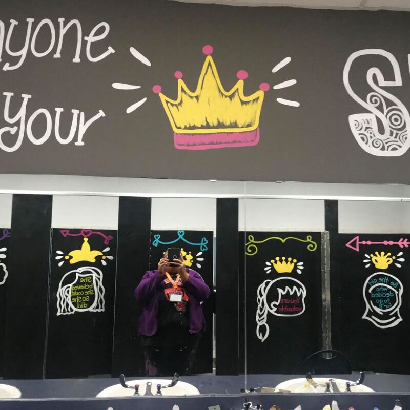 Client & Location: Kipp Truth Uplift Elementary & Academy, Dallas, TX
Size: 2 1/2ft H X 16 Ft W
Scope: This school wanted to create inspirational and motivational messages  for its students. They decided to join the trend of schools decorating their student bathrooms. This is a photo of the wall space mural above the mirror.