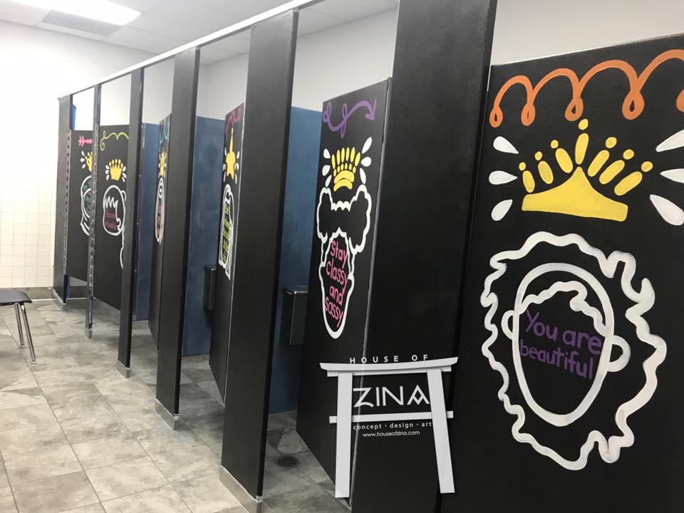 Client & Location: Kipp Truth Uplift Elementary & Academy, Dallas, TX
Size: 2ft H X 1 Ft W
Scope: This school wanted to create inspirational and motivational messages  for its students. They decided to join the trend of schools decorating their student bathrooms. This is a photo of all the stalls in the girls' bathroom.