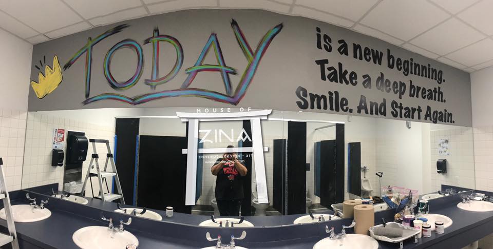 Client & Location: Kipp Truth Uplift Elementary & Academy, Dallas, TX
Size: 2 1/2ft H X 16 Ft W
Scope: This school wanted to create inspirational and motivational messages  for its students. They decided to join the trend of schools decorating their student bathrooms. This is a photo of the wall space mural above the mirror.