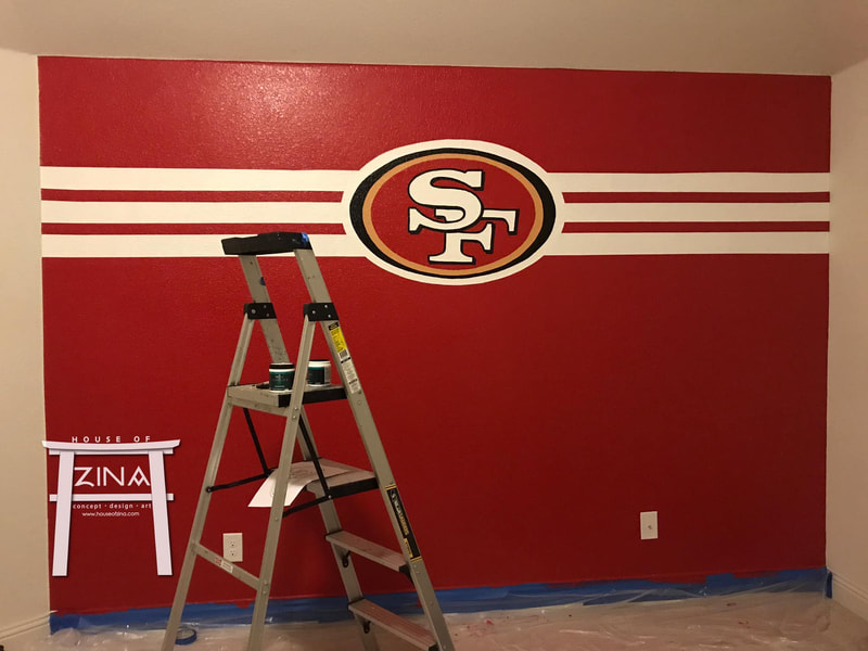 Client & Location: Private Residence, Grand Prairie, TX
Size: Approx. 10ft X8 ft
Scope: Client just moved into a new home and created a football themed mancave. He is a San Francisco 49er fan.