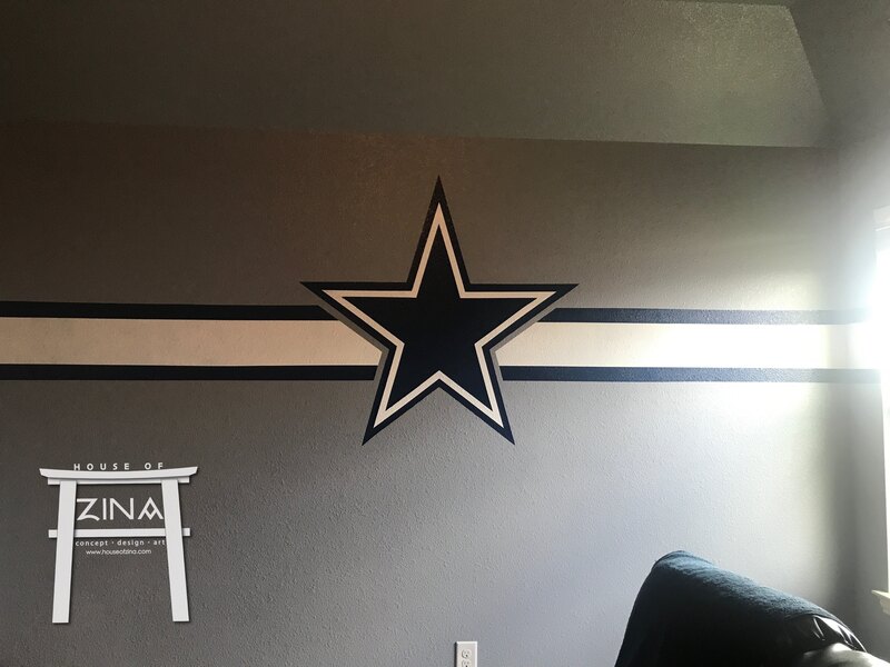 Client & Location: Private Residence, Desoto, TX
Size: Approx. 40ft around X 1-4 feet ft, striping and Cowboys star
Scope: Client wanted a football themed mancave. He is a Dallas Cowboys fan.