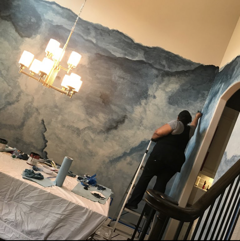 Client & Location: Private Residence, Carrolton, TX
Size: Approx. 25ft around dining room X 12 ft high
Scope: Client wanted a watercolor painted effect to her dining room walls.